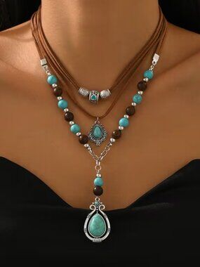 NWT Boho Western Faux Turquoise Layered Steel Choker Y Necklace Festival
